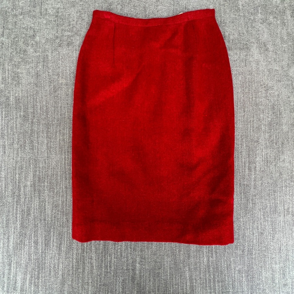 Vtg HANNOH Pencil Skirt Womens 40 Red Wool Textured Minimalist Slit Back Zipper